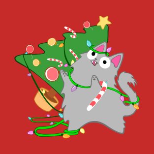 Fluffy Grey Christmas Cat With Zoomies funny meowy christmas kitty T-Shirt