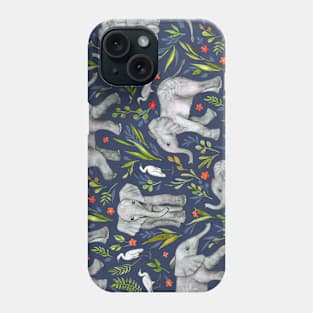 Baby Elephants and Egrets in Watercolor - navy blue Phone Case