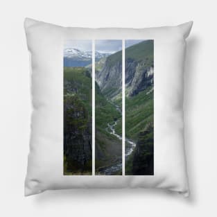 Wonderful landscapes in Norway. Vestland. Beautiful scenery of Voringfossen waterfall in the Mabodalen valley on the Hardanger scenic route. Mountains, trees in background. Cloudy day (vertical) Pillow