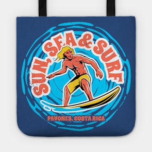 Vintage Sun, Sea & Surf Pavones, Costa Rica // Retro Surfing // Surfer Catching Waves Tote