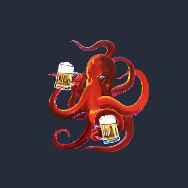 Octopus Painting, Red Octopus Drinking Beer, Animals and Beer, Octopus Art, Dining Room Painting, Funny Beer Poster, Man Cave Bar Beer Decor by realartisbetter