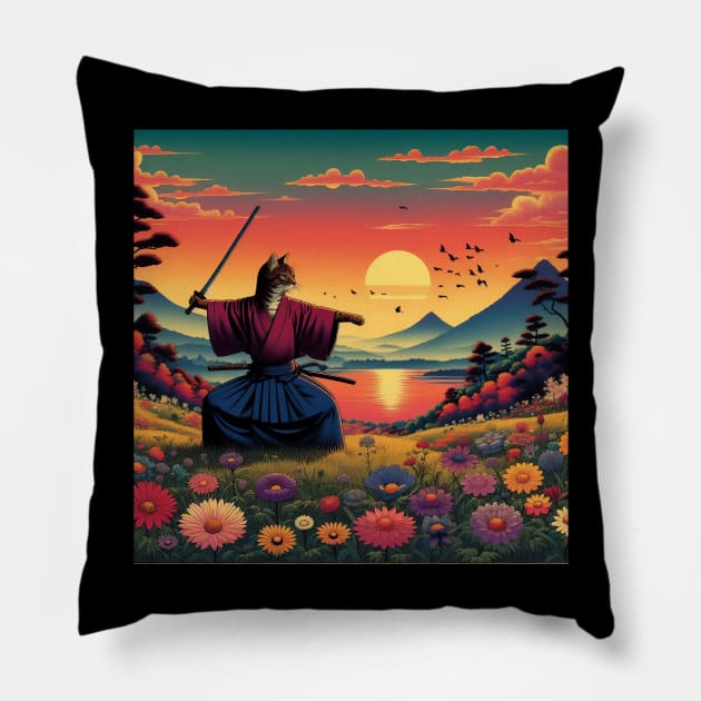 Samurai Cat Ukiyo-e Pillow by DadOfMo Designs