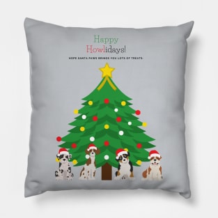 Happy Howlidays with Christmas Tree and Santa Puppies (Great Dane, Australian Shepherd, Brittany Spaniel and English Bulldog) Pillow