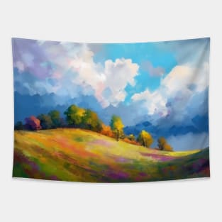 Abstract landscape with hills and trees and cloudy sky. Tapestry