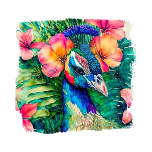 Peacock and Hibiscus Flowers T-Shirt