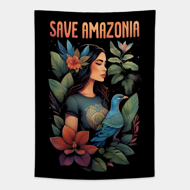 Save Amazonia - Girl with tropical plants and birds Tapestry by Ravenglow