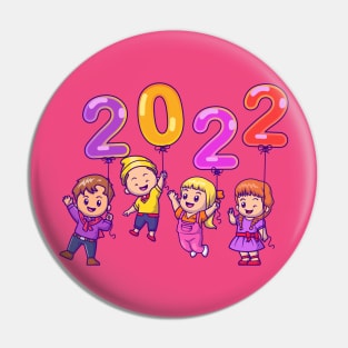 Cute Kids Holding Balloon New Year 2022 Cartoon Pin
