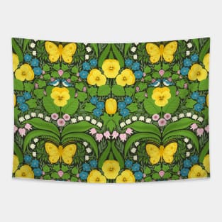 Dollhouse garden, Yellow pansies, birds and butterflies Tapestry