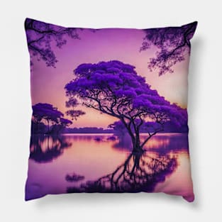 Serene Jacaranda Tree Lake Sunset Reflections Pillow