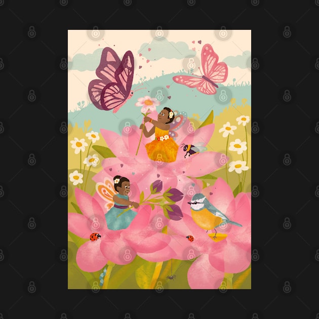 Beautiful Black Flower Fairies playing with their woodland friends by NattyDesigns