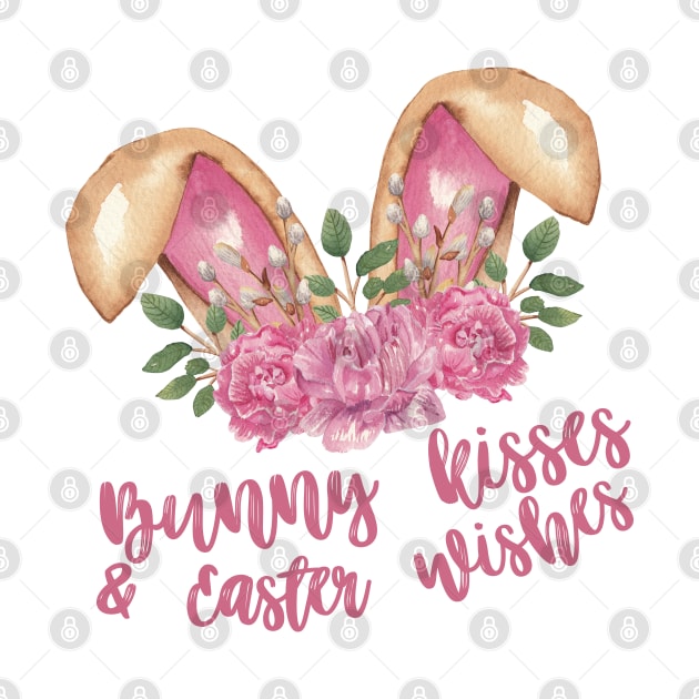 Bunny Kisses & Easter Wishes - Brown Bunny Ears with Pink Flowers by Patty Bee Shop