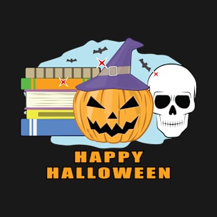 Happy Reading Halloween - Spooky Skull, Pumpkin & Books T-Shirt