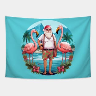 christmas in july santa at the lake with flamingos Tapestry