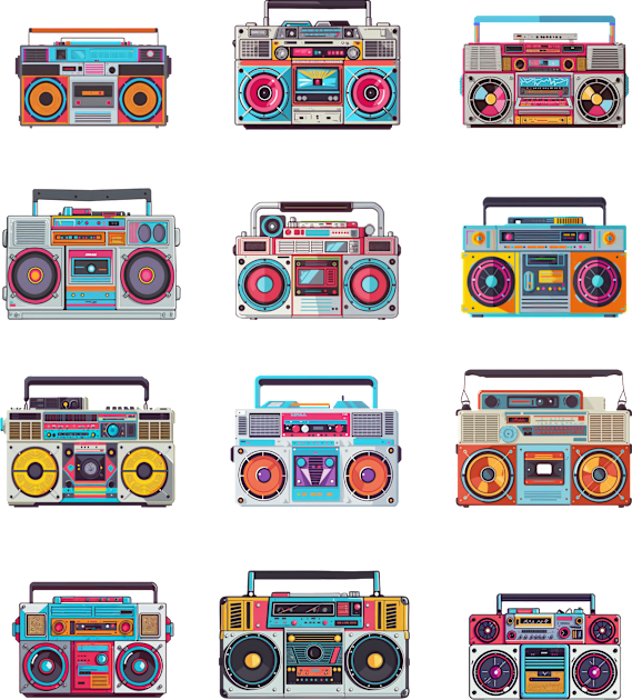 12 Colorful Boomboxes from the 1980s Kids T-Shirt by Dream Station