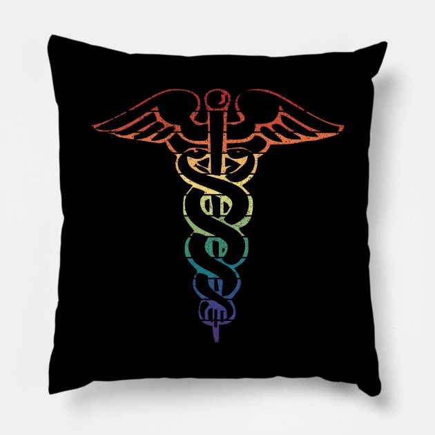 Vintage Distressed Rainbow Gay Pride Caduceus Pillow by Muzehack