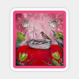 AI generated floral lake crow on boat Magnet