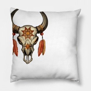 Decorated Native Bull Skull with Feathers Pillow