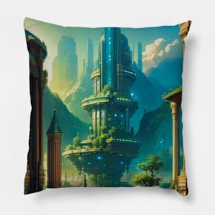 Solarpunk building with retro city aesthetic Pillow