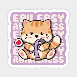 Cute Cat Holding Epilepsy Awareness Ribbon Magnet