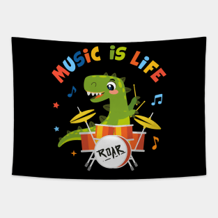 Music is life T-rex dinosaur playing drums Tapestry