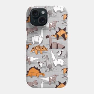 Origami dino friends // pattern // grey linen texture background orange white and beige dinosaurs Phone Case