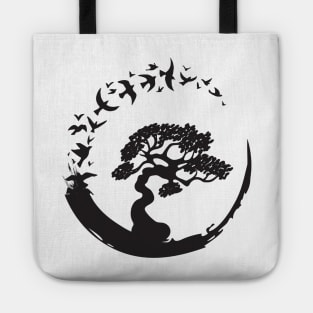 Bonsai Tree in Enso Circle Birds Tee Tote