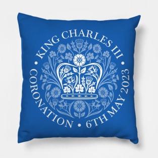 King Charles III Official Coronation Emblem white on blue Pillow