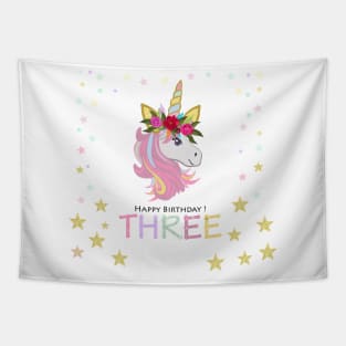 Third birthday greeting. Three. Magical Unicorn Birthday invitation. Party invitation greeting Tapestry