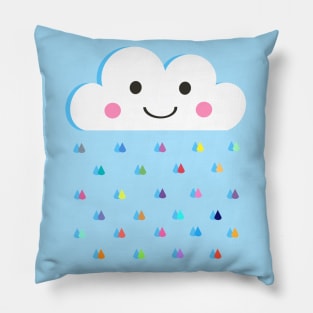 Rainbow Raindrops, Happy Rain Cloud, on Blue Pillow