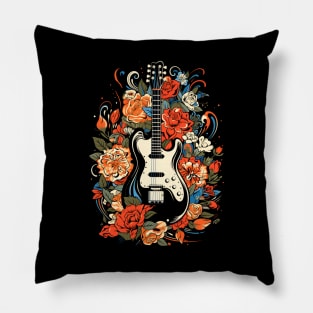 Electric Guitar Retro Red Orange Blue Wild Nature Flowers Pillow