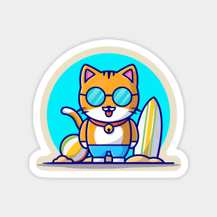 Cute Cat at Beach Cartoon Vector Icon Illustration Magnet