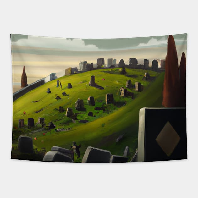 Cemetery Graveyard Headstones Green Hills Painting Digital Artwork Tapestry by DesignIndex