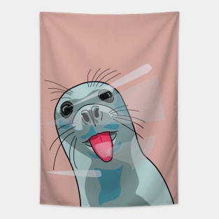 Whiskered Whimsy: Mischievous Seal Licking Glass Tapestry