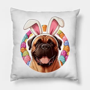 Bullmastiff with Bunny Ears Welcomes Easter Cheerfully Pillow