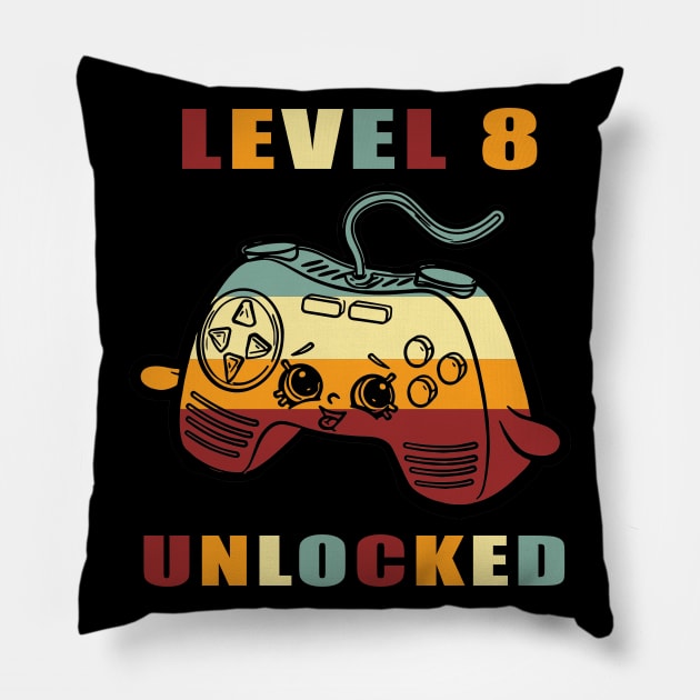 Level 8 Unlocked 8th Birthday vintage funny Gift idea for Gamers Pillow by Smartdoc