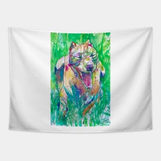 PIT BULL YAWNING IN THE GARDEN - watercolor portrait Tapestry