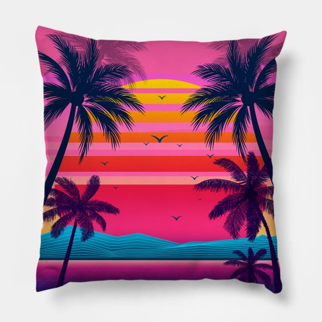 Pink Sunset Retrowave Pillow by edmproject