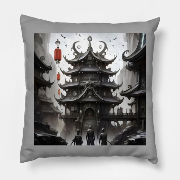 Ancient Chinese dark pagoda Pillow by Spaceboyishere