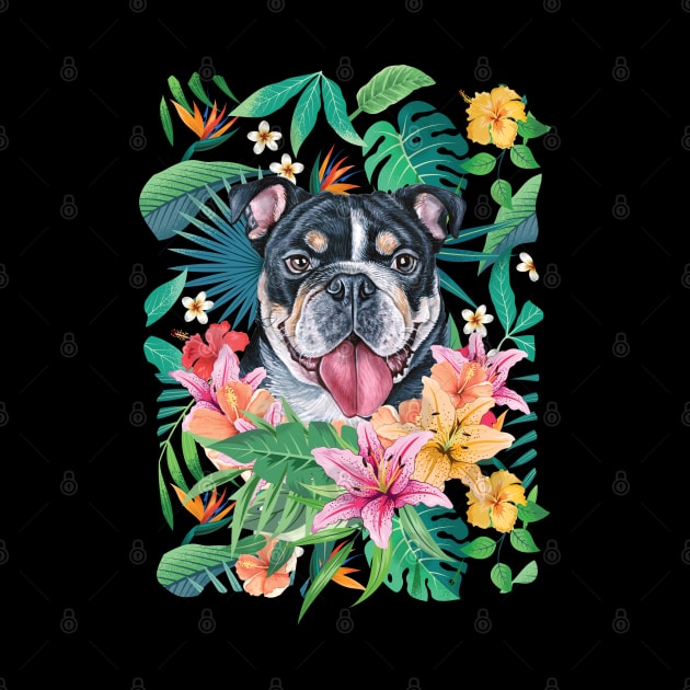 Tropical Black Tri Color English British Bulldog by LulululuPainting