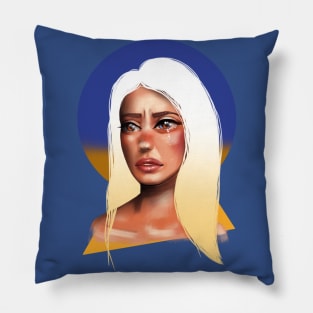 Ukrainian young emotional girl with Ukrainian symbols Pillow