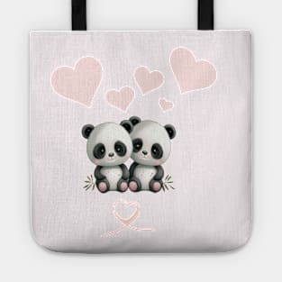 two cute panda graphics with mini eyes hearts pink Tote