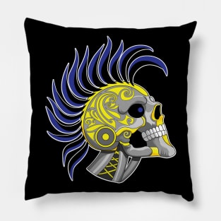 Tattooed Robot Skull with Blue Mohawk Pillow