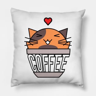 Happy cat in coffee cup with warped text heart on head orange and brown Pillow