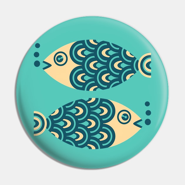 TWO FUN SWIMMING GEOMETRIC FISH Retro in Dark Blue, Turquoise and Cream - UnBlink Studio by Jackie Tahara Pin by UnBlink Studio by Jackie Tahara