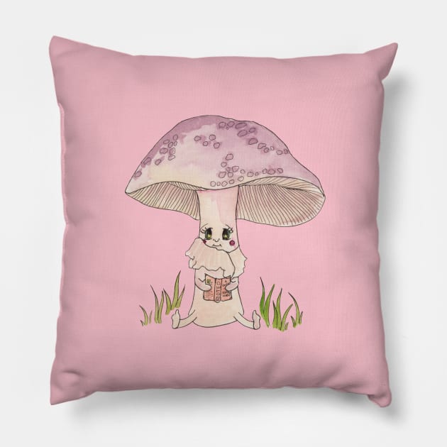 Cute Watercolor Mushroom Reading 3 Pillow by ECMazur