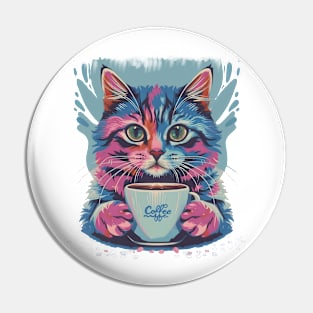 Colorful Cat And Coffee Cup Watercolor Design Pin