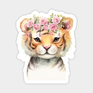 Baby Tiger With Pink Floral Crown Magnet