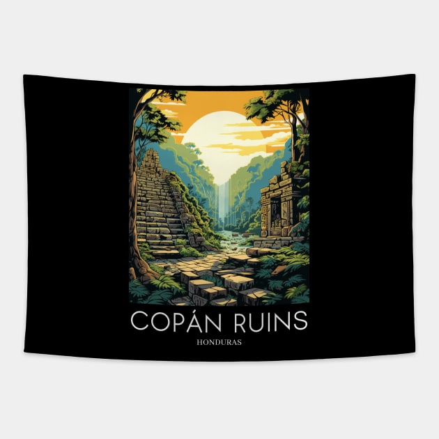 A Pop Art Travel Print of the Copán Ruins - Honduras Tapestry by Studio Red Koala