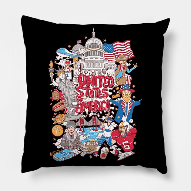 United States Of America Cartoon Pillow by Mako Design 