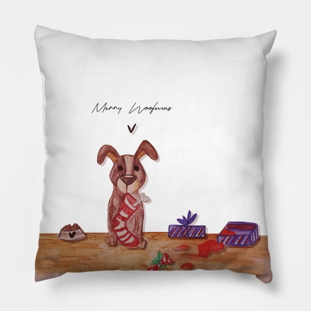 Merry Woofmas Illustration Pillow by Le petit fennec